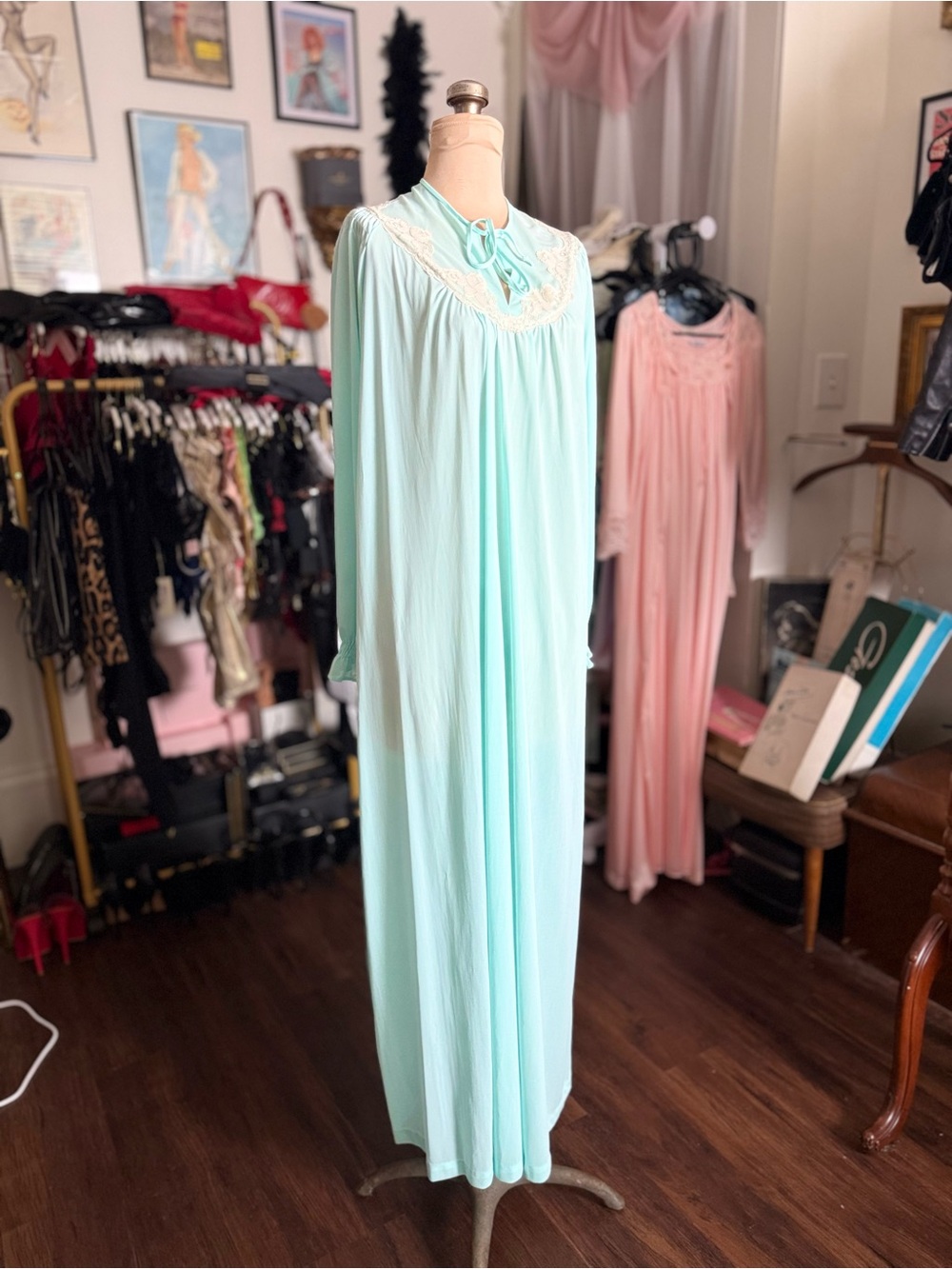 Vintage 1950s Pastel Long Nightgown with Lace